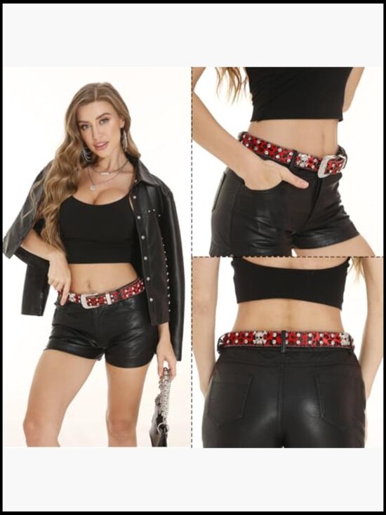Rhinestone Skull Leopard Belt with Studded Skulls and Metal Buckle main image 6